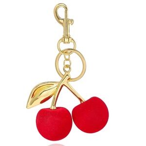 Red Flocked Cherry 🍒 Bag Charm, Keychain with Gold Accents